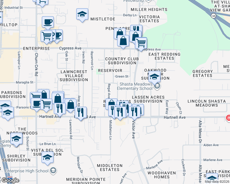 map of restaurants, bars, coffee shops, grocery stores, and more near 2843 Fairway Avenue in Redding