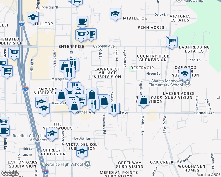 map of restaurants, bars, coffee shops, grocery stores, and more near 2846 Alfreda Way in Redding