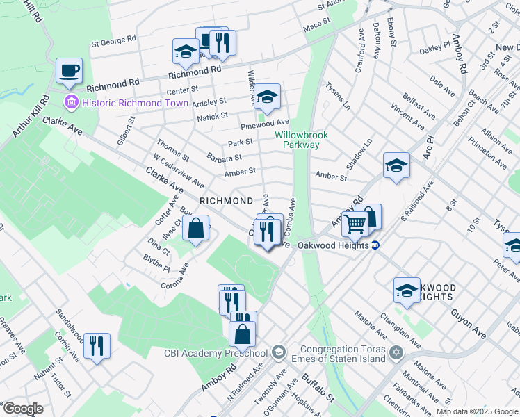 map of restaurants, bars, coffee shops, grocery stores, and more near 7 West Cedarview Avenue in Staten Island
