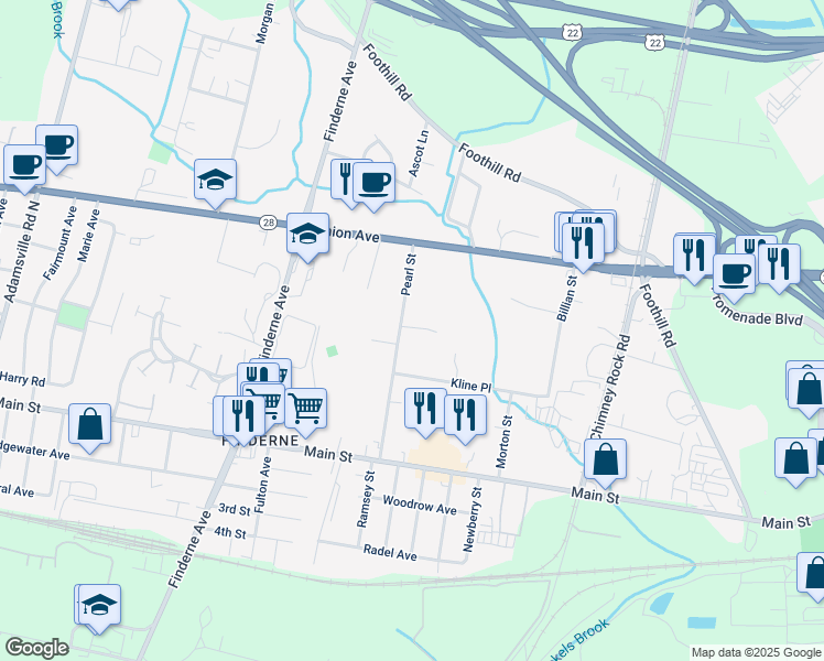 map of restaurants, bars, coffee shops, grocery stores, and more near 110 Pearl Street in Bridgewater Township