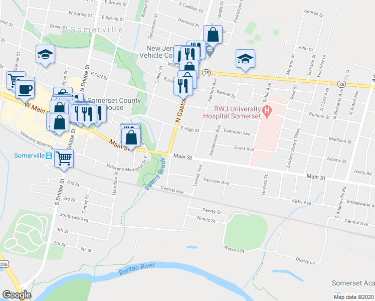 map of restaurants, bars, coffee shops, grocery stores, and more near 226 East Main Street in Somerville