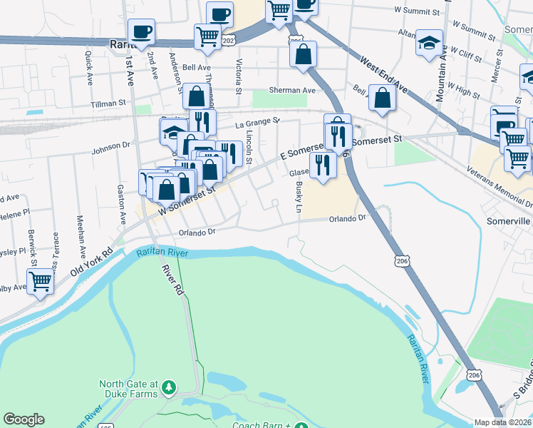 map of restaurants, bars, coffee shops, grocery stores, and more near 207 River Park Drive in Raritan