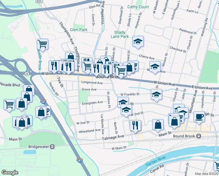 map of restaurants, bars, coffee shops, grocery stores, and more near 328 Grove Avenue in Bound Brook