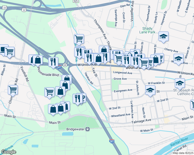 map of restaurants, bars, coffee shops, grocery stores, and more near Tea Street in Bound Brook