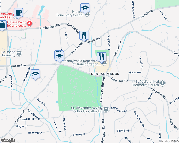 map of restaurants, bars, coffee shops, grocery stores, and more near 8830 Royal Manor Drive in McCandless Township