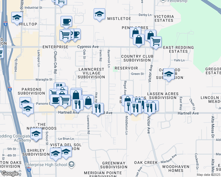 map of restaurants, bars, coffee shops, grocery stores, and more near 2831 Reservoir Lane in Redding