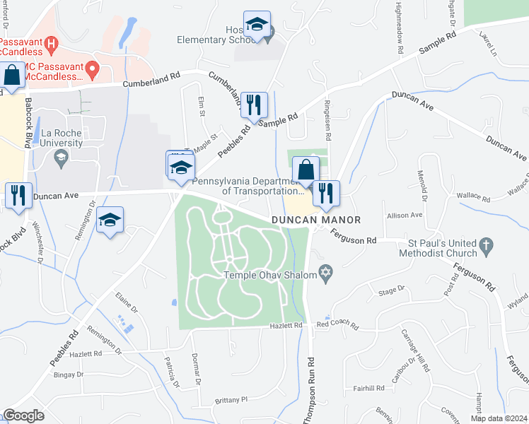 map of restaurants, bars, coffee shops, grocery stores, and more near 8836 Royal Manor Drive in McCandless