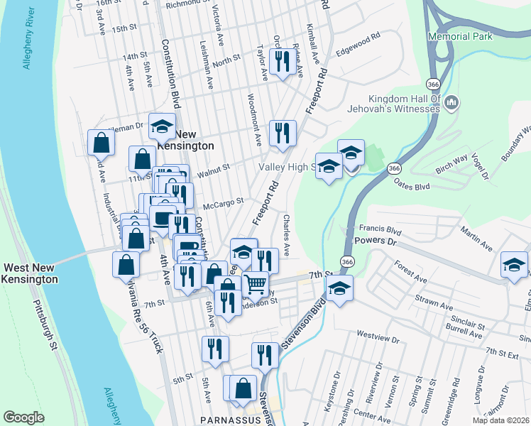map of restaurants, bars, coffee shops, grocery stores, and more near 253 Highland Avenue in New Kensington