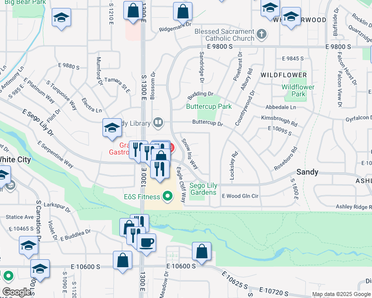 map of restaurants, bars, coffee shops, grocery stores, and more near 10172 Snow Iris Way in Sandy