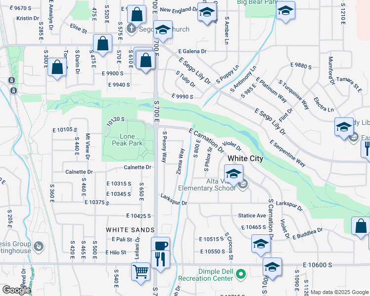 map of restaurants, bars, coffee shops, grocery stores, and more near 10175 South Zinnia Way in Sandy