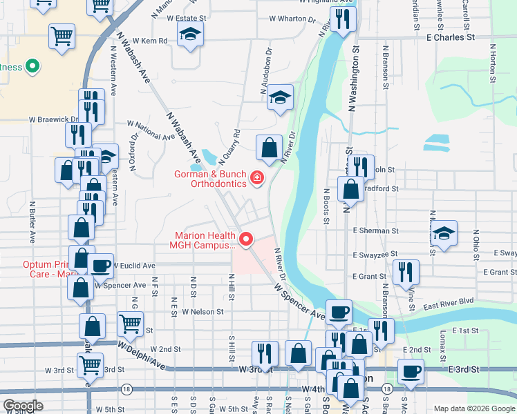 map of restaurants, bars, coffee shops, grocery stores, and more near 221 West Mulberry Street in Marion