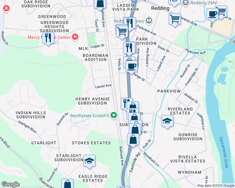 map of restaurants, bars, coffee shops, grocery stores, and more near 3204 Veda Street in Redding