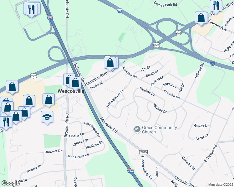 map of restaurants, bars, coffee shops, grocery stores, and more near 978 Cold Spring Road in Allentown