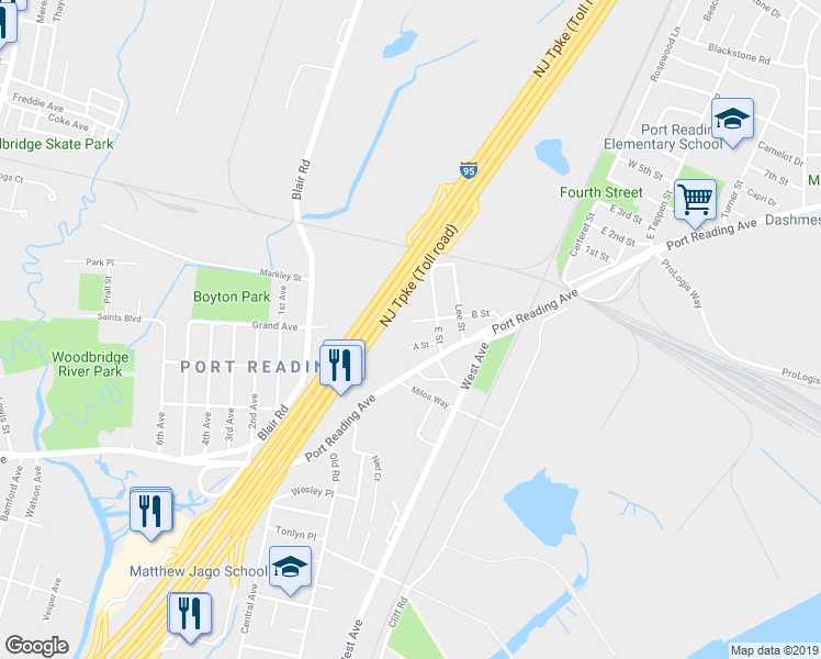 map of restaurants, bars, coffee shops, grocery stores, and more near 86 B Street in Woodbridge Township