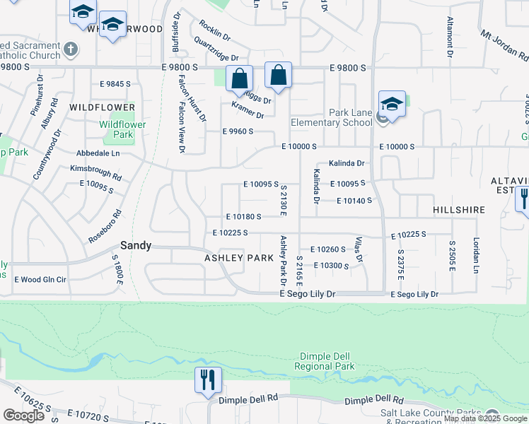 map of restaurants, bars, coffee shops, grocery stores, and more near 2099 Karalee Way in Sandy