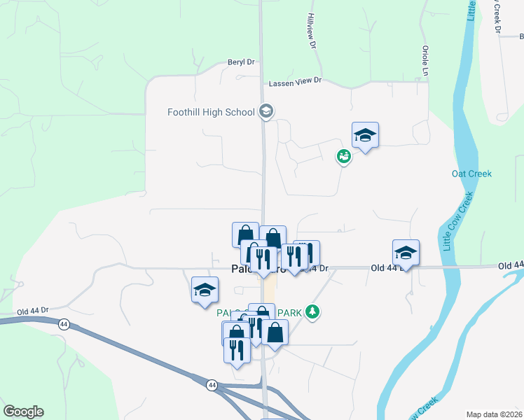 map of restaurants, bars, coffee shops, grocery stores, and more near 21801 Stone Meadows Road in Palo Cedro