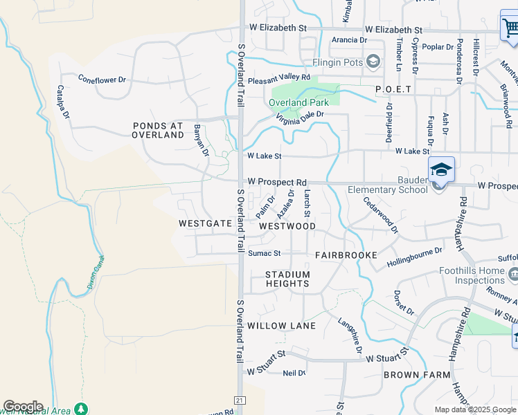 map of restaurants, bars, coffee shops, grocery stores, and more near 1707 Palm Drive in Fort Collins