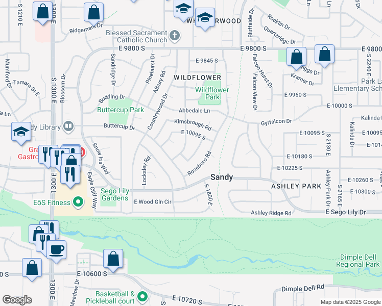 map of restaurants, bars, coffee shops, grocery stores, and more near 10174 Millbury Way in Sandy