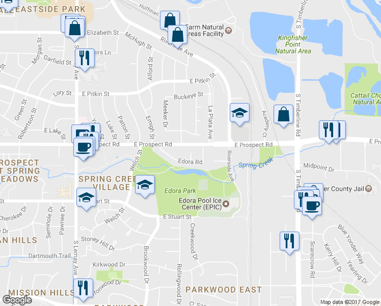 map of restaurants, bars, coffee shops, grocery stores, and more near 1601 Edora Court in Fort Collins