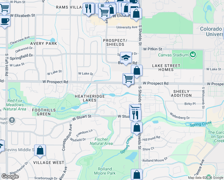 map of restaurants, bars, coffee shops, grocery stores, and more near 1225 West Prospect Road in Fort Collins