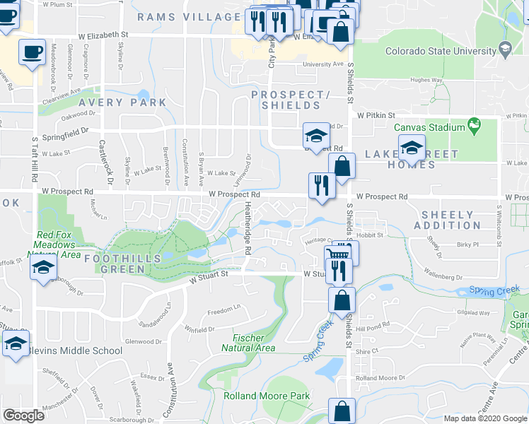map of restaurants, bars, coffee shops, grocery stores, and more near 1225 West Prospect Road in Fort Collins