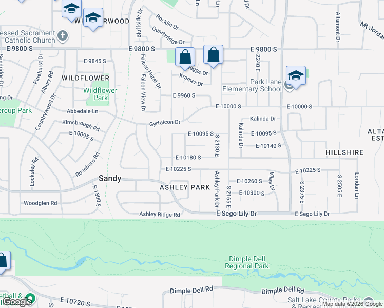 map of restaurants, bars, coffee shops, grocery stores, and more near 2056 East 10180 South in Sandy