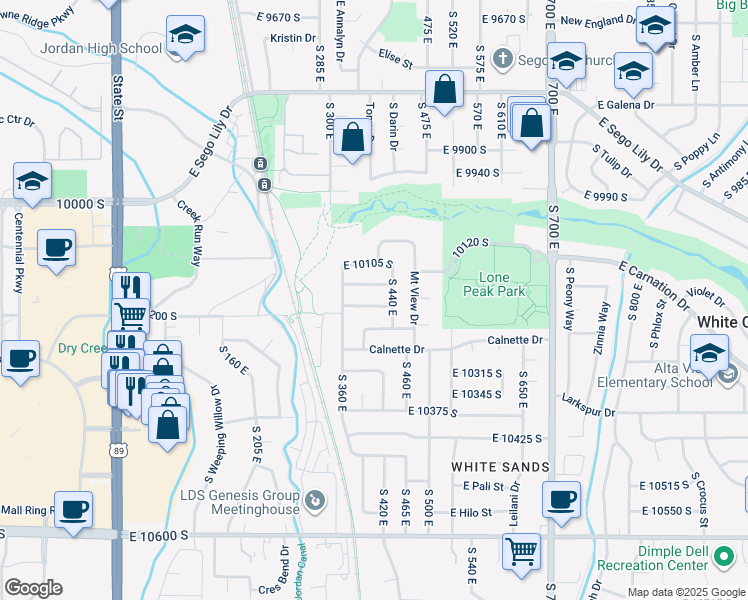 map of restaurants, bars, coffee shops, grocery stores, and more near 382 East 10185 South in Sandy