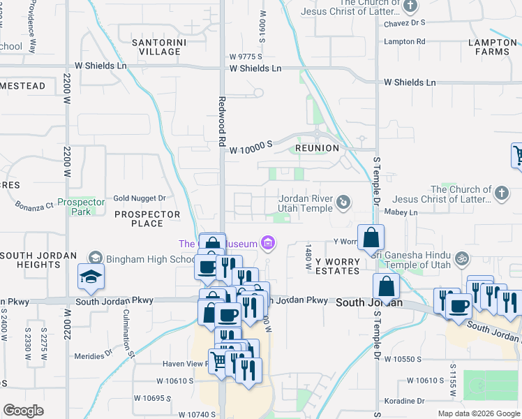 map of restaurants, bars, coffee shops, grocery stores, and more near 1599 Cornerstone Way in South Jordan
