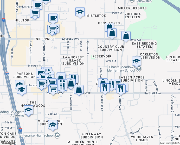 map of restaurants, bars, coffee shops, grocery stores, and more near 2837 Reservoir Lane in Redding