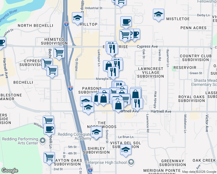 map of restaurants, bars, coffee shops, grocery stores, and more near 2870 Churn Creek Road in Redding