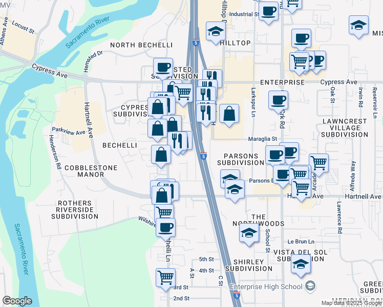 map of restaurants, bars, coffee shops, grocery stores, and more near 2839 Duane Avenue in Redding