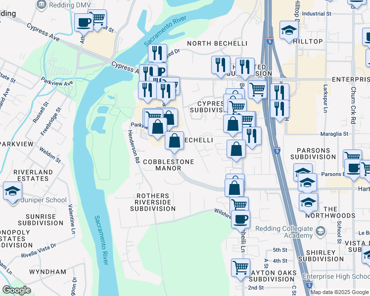 map of restaurants, bars, coffee shops, grocery stores, and more near 351 Hartnell Avenue in Redding