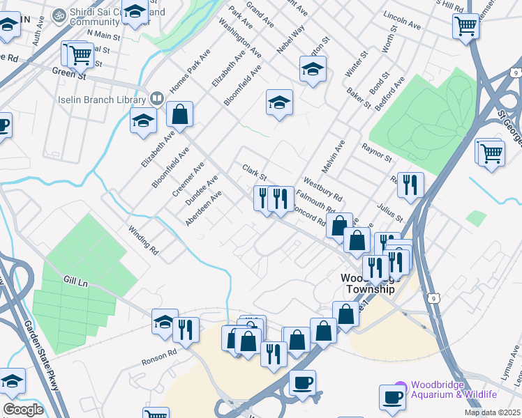 map of restaurants, bars, coffee shops, grocery stores, and more near 865 Green Street in Woodbridge Township