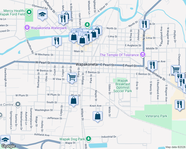map of restaurants, bars, coffee shops, grocery stores, and more near 412 Maple Street in Wapakoneta