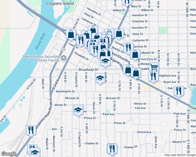map of restaurants, bars, coffee shops, grocery stores, and more near 334 Buena Vista Avenue in Pekin