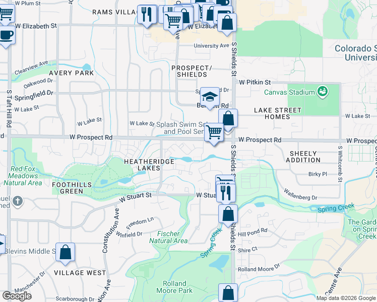 map of restaurants, bars, coffee shops, grocery stores, and more near 1225 West Prospect Road in Fort Collins
