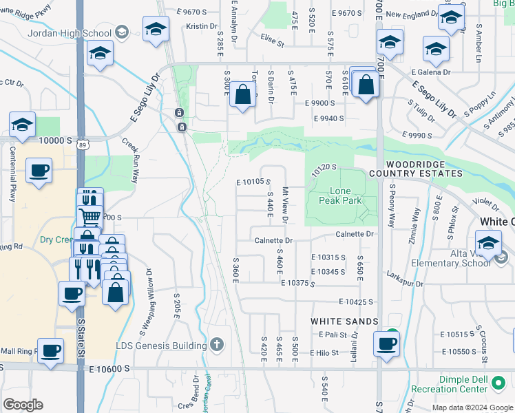 map of restaurants, bars, coffee shops, grocery stores, and more near 409 East 10185 South in Sandy