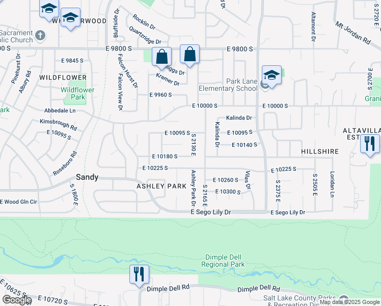 map of restaurants, bars, coffee shops, grocery stores, and more near 10166 South 2130 East in Sandy