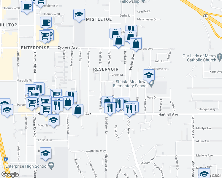 map of restaurants, bars, coffee shops, grocery stores, and more near 2808 Fairway Avenue in Redding