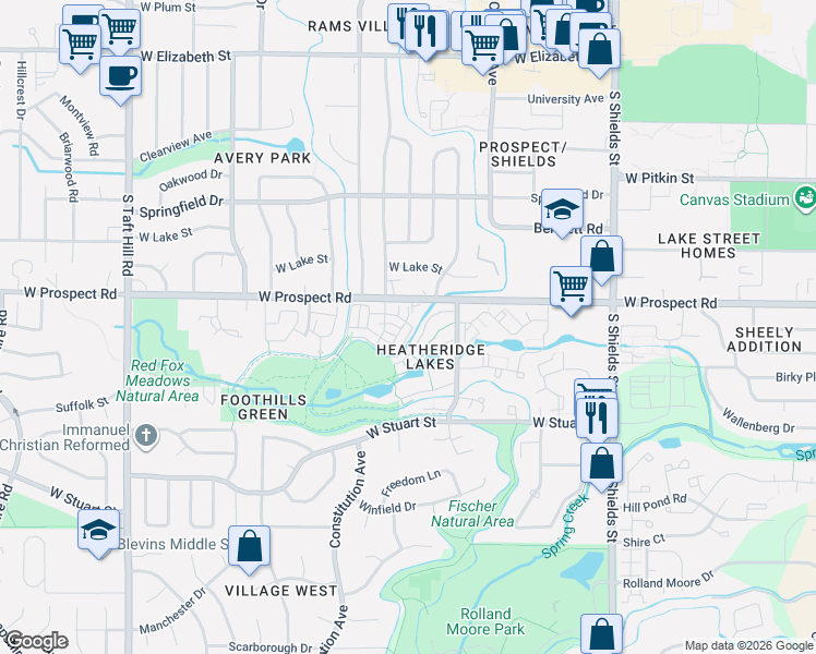 map of restaurants, bars, coffee shops, grocery stores, and more near in Fort Collins