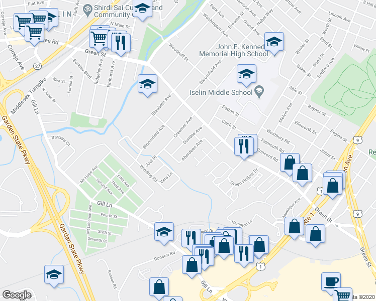 map of restaurants, bars, coffee shops, grocery stores, and more near 42 Aberdeen Avenue in Woodbridge Township