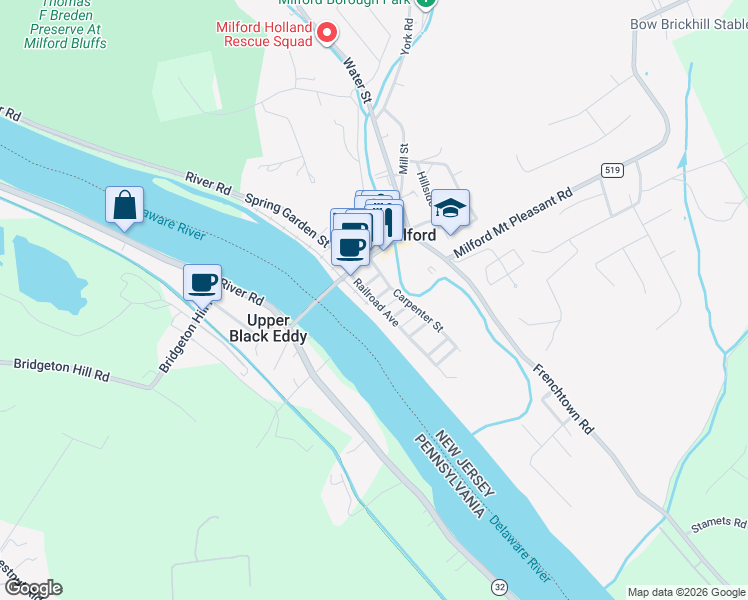 map of restaurants, bars, coffee shops, grocery stores, and more near 9 Maple Street in Milford