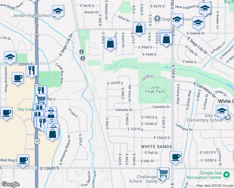 map of restaurants, bars, coffee shops, grocery stores, and more near 409 East 10185 South in Sandy
