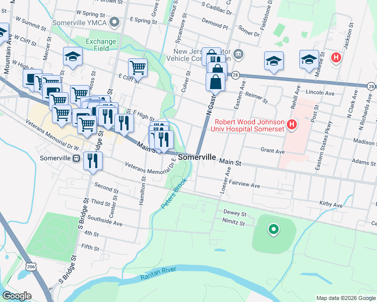 map of restaurants, bars, coffee shops, grocery stores, and more near 200 East Main Street in Somerville