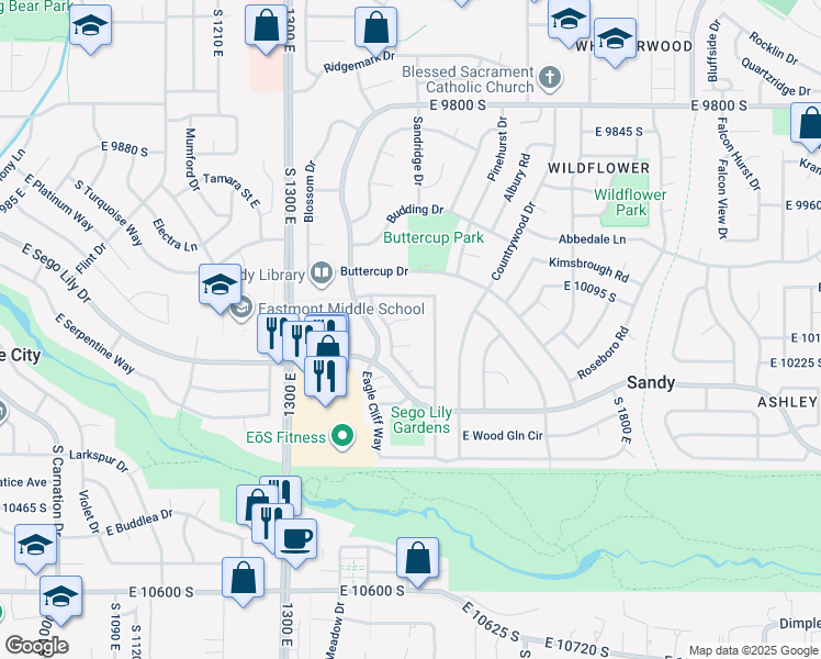 map of restaurants, bars, coffee shops, grocery stores, and more near 1472 Snow Iris Circle in Sandy
