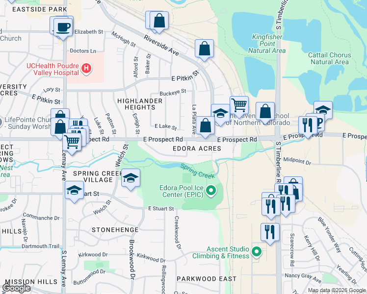 map of restaurants, bars, coffee shops, grocery stores, and more near 1518 Edora Court in Fort Collins