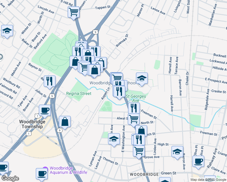 map of restaurants, bars, coffee shops, grocery stores, and more near 767 Saint Georges Avenue in Woodbridge Township