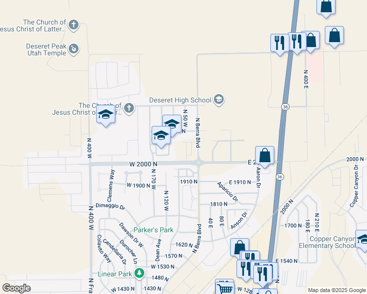 map of restaurants, bars, coffee shops, grocery stores, and more near 2057 North Loxley Drive in Tooele