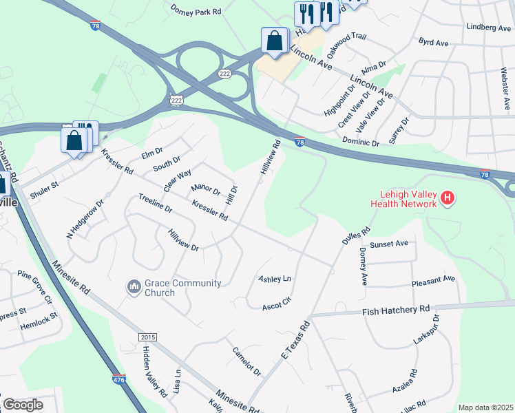 map of restaurants, bars, coffee shops, grocery stores, and more near 1170 Hillview Road in Allentown
