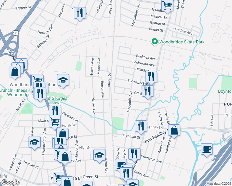 map of restaurants, bars, coffee shops, grocery stores, and more near 164 Schoder Avenue in Woodbridge Township